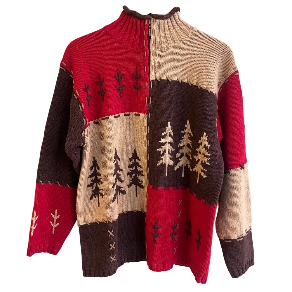 Mandal Bay Wool Blend Sweater Brown Red Mountain Scene Christmas Fall 1/4 Zip XL